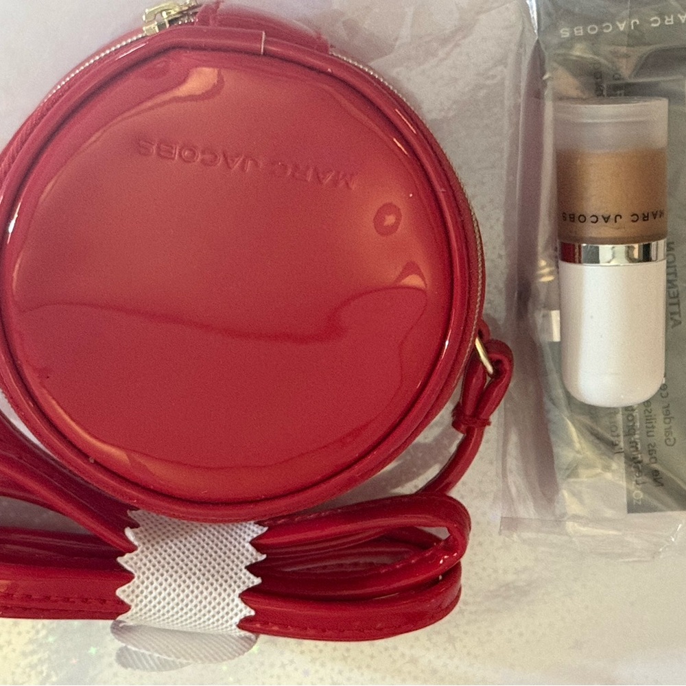 Marc Jacobs Red Round Crossbody Bag with cosmetics